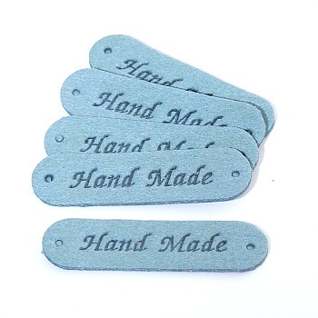 Microfiber Leather Labels, Handmade Embossed Tag, with Holes, for DIY Jeans, Bags, Shoes, Hat Accessories, Rectangle with Word Handmade, Aqua, 12x45mm
