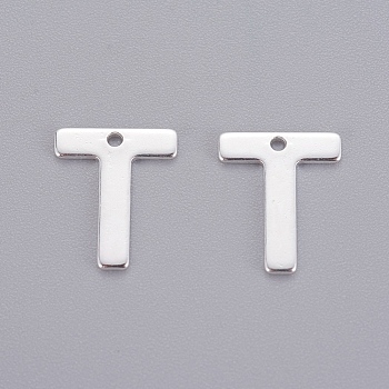 201 Stainless Steel Charms, Letter, Silver Color Plated, Letter.T, 11x9x0.6mm, Hole: 1mm