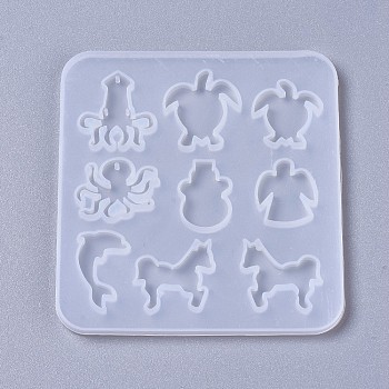 Silicone Molds, Cabochon & Pendants Resin Casting Molds, For UV Resin, Epoxy Resin Jewelry Making, Mixed Shapes, Octopus & Turtle & Angel & Dolphin & Horse, White, 95x90x4mm, Hole: 1.3mm