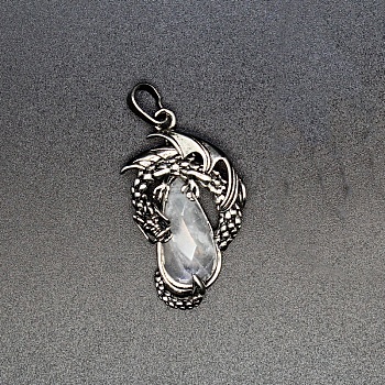 Natural Quartz Crystal Brass Pendants, Rock Crystal, Flying Dragon Charms with Faceted Teardrop Gems, Antique Silver, 38x22x6mm