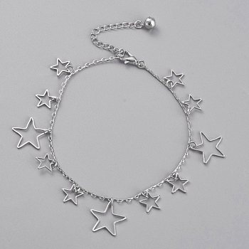 Brass Star Charm Anklets, with Cable Chains and Bell Charms, Platinum, 8-5/8 inch(21.8cm)