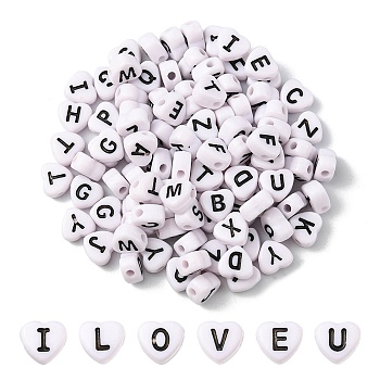 Opaque Acrylic Enamel Beads, Horizontal Hole, Heart with Mixed Black Letters, White, 7x7x4mm, Hole: 1.5mm