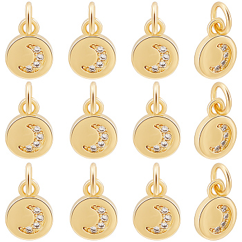 20Pcs Brass Micro Pave Clear Cubic Zirconia Charm, Long-Lasting Plated, Flat Round with Moon Charm, Real 18K Gold Plated, 9x7x2mm, Hole: 3.4mm