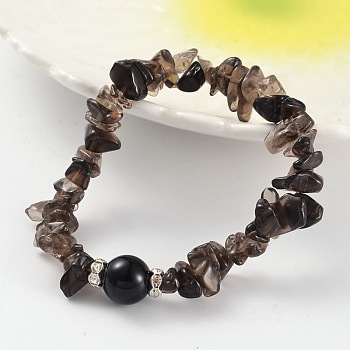 Chips Natural Smoky Quartz Beaded Stretch Bracelets, with Brass Rhinestone Findings, Silver Color Plated, 59mm