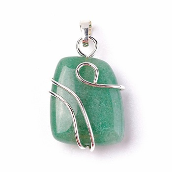 Natural Green Aventurine Pendants, with Brass Findings, Trapezoid, Silver Color Plated, 32~33x21~23x10~11mm, Hole: 8x5mm