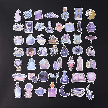 50Pcs Magic Theme PVC Waterproof Stickers Set, Adhesive Label Stickers, for Water Bottles, Laptop, Luggage, Cup, Computer, Mobile Phone, Skateboard, Guitar, Mixed Color, 45~78x30~78x0.1mm