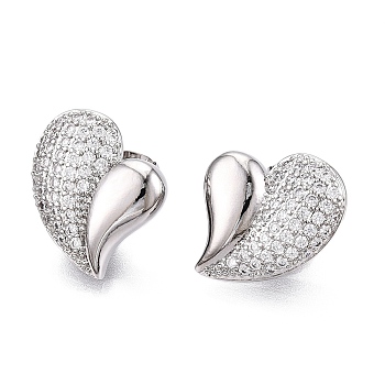 Left and Right Heart Brass Pave Clear Cubic Zirconia Stud Earrings, Platinum, 18x17.5mm