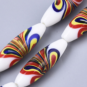 Handmade Lampwork Beads Strands, Fancy Drawing, Rice, Red, 40.5~42x12.5mm, Hole: 1.5mm, about 10pcs/Strand, 16.14 inch