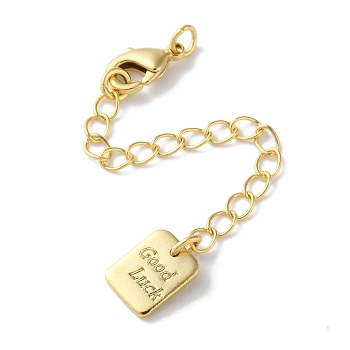 Brass Lobster Clasps & Ends with Chain, Rectangle with Word Good Luck, Cadmium Free & Lead Free, Real 18K Gold Plated, 72mm