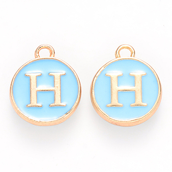 Golden Plated Alloy Enamel Charms, Cadmium Free & Lead Free, Enamelled Sequins, Flat Round, Sky Blue, Letter.H, 14x12x2mm, Hole: 1.5mm