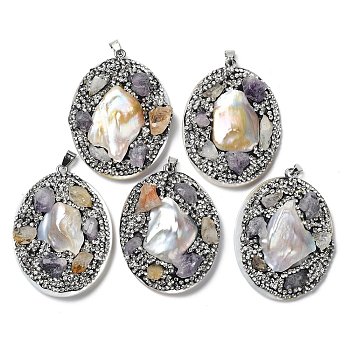 Baroque Natural Freshwater Shell Polymer Clay Rhinestone Big Pendants, Oval Charms with Platinum Plated Brass Snap on Bails, Black, 52~54x40x10~13mm, Hole: 7x4mm