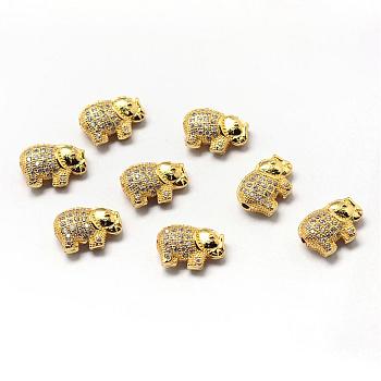 Rack Plating Brass Cubic Zirconia Beads, Long-Lasting Plated, Elephant, Golden, 9.5x13.5x5mm, Hole: 1.5mm