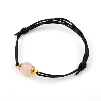 Gemstone Adjustable Link Bracelets, with Alloy Bead Caps and Waxed Cotton Cord, Antique Golden, Rose Quartz, 43~75mm