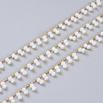 3.28 Feet Handmade Glass Beaded Chains, Soldered, with Golden Tone Brass Findings, Long-Lasting Plated, White, 2x1mm