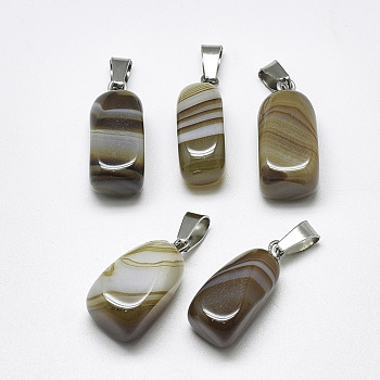 Natural Banded Agate/Striped Agate Pendants, Dyed, with Stainless Steel Snap On Bails, Cuboid, Stainless Steel Color, Coffee, 20~23x9~13x9~13mm, Hole: 3~4x7~8.5mm