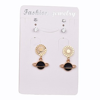Stainless Steel Stud Earring Sets, Alloy Enamel Findings, Cubic Zirconia and Alloy Findings, Star and Planet, Mixed Color, 4mm, 3.5x4.5mm, 25mm, Pin: 0.7mm, 3pairs/set