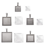 6Pcs 6 Styles 304 Stainless Steel Pendant Cabochon Settings, with 6Pcs 6 Styles Transparent Clear Glass Square Cabochons, Stainless Steel Color, Square, 10x10x4mm(STAS-TA0001-47A)