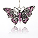 Vintage Butterfly Pendant Necklace Findings, Alloy Rhinestone Pendants, Antique Silver, Light Rose, 37x67x7mm, Hole: 4mm(TIBE-M001-80E)