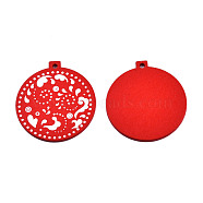 Christmas Spray Painted Wood Big Pendants, with Single-Sided Printed, Flat Round Charm with Floral Pattern, Red, 59x55x2.5mm, Hole: 3mm(WOOD-N005-103A)