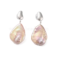 925 Sterling Silver Studs Earring, with Natural Pearl, Platinum, 31x14mm(EJEW-H002-34P)