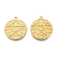 Ion Plating(IP) 201 Stainless Steel Pendants, Flat Round with Star, Real 18K Gold Plated, 28.5x25x2mm, Hole: 2mm(STAS-N098-214LG)