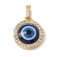 Brass Micro Pave Clear Cubic Zirconia Pendants, with Resin Cabochon, Cadmium Free & Nickel Free & Lead Free, Rack Plating, Flat Round with Evil Eye Pattern, Real 18K Gold Plated, 17x14.5x5mm, Hole: 3.5x6mm(KK-G439-55G)