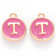 Golden Plated Alloy Enamel Charms, Cadmium Free & Lead Free, Enamelled Sequins, Flat Round with Letter, Camellia, Letter.T, 14x12x2mm, Hole: 1.5mm(ENAM-S118-08T)