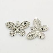 Alloy Rhinestone Pendants, Cadmium Free & Lead Free, Platinum Color, Butterfly, Clear, about 32mm wide, 21mm long, 4mm thick, hole: 1.5mm(M27TT031)