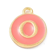 Golden Plated Alloy Enamel Charms, Enamelled Sequins, Flat Round with Alphabet, Letter.O, Hot Pink, 14x12x2mm, Hole: 1.5mm(X-ENAM-Q437-11O)