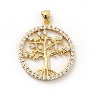 Rack Plating Brass Micro Pave Cubic Zirconia Pendants, Long-Lasting Plated, Lead Free & Cadmium Free, Round Ring with Tree of Life, Real 18K Gold Plated, 28.5x25x2.5mm, Hole: 3.5x4mm(X-ZIRC-F129-39G)