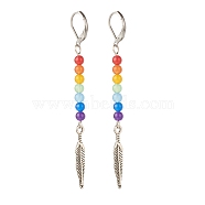 Natural Malaysia Jade with Alloy Feather Long Dangle Leverback Earrings, 7 Chakra Gemstone Jewelry for Women, Antique Silver, 80mm, Pin: 0.6mm(EJEW-JE04909-01)
