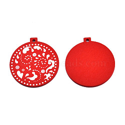 Christmas Spray Painted Wood Big Pendants, with Single-Sided Printed, Flat Round Charm with Floral Pattern, Red, 59x55x2.5mm, Hole: 3mm(WOOD-N005-103A)