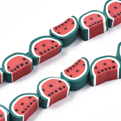 Handmade Polymer Clay Bead Strands, Watermelon Slice, Red, 9~10.5x5~6.5x4~5mm, Hole: 1.5mm, about 38pcs/strand, 13.39 inch(34cm)(CLAY-R069-01O-01)