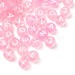 Transparent Pink Acrylic Beads, Horizontal Hole, Mixed Letters, Flat Round with White Letter, 7x4mm, Hole: 1.5mm, 100pcs/Bag(TACR-YW0001-08K)