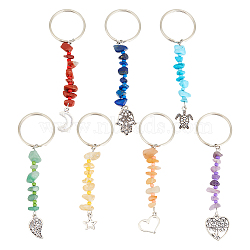 HOBBIESAY 2 Sets Chakra Gemstone Chip Keychains with Glass Seed Beads, Alloy Leaf & Moon & Star & Heart Charms Keychains, Mixed Color, 8.6~9.2cm, 7pcs/set(KEYC-HY0001-23)