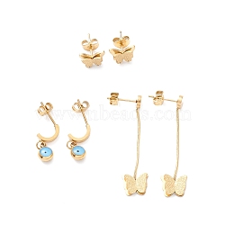 3 Pairs 3 Style Enamel Evil Eye Dangle Stud Earrings, Ion Plating(IP) 304 Stainless Steel Butterfly Tassel Earrings for Women, Golden, 7~39mm, Pin: 1mm, 1 Pair/style(EJEW-B020-20G)