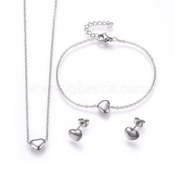 304 Stainless Steel Jewelry Sets, Pendant Necklaces & Stud Earrings & Bracelets, Heart, Stainless Steel Color, 16.93 inch(43cm), 6-3/4 inch(17cm), 7x9x2.5mm, Pin: 0.8mm(X-SJEW-H144-23P)
