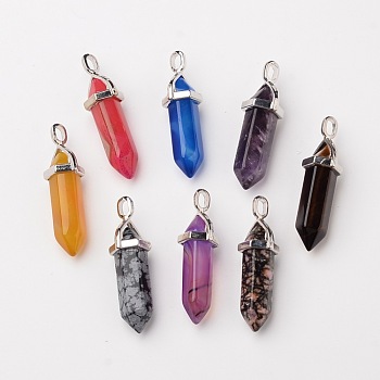 Natural Gemstone Double Terminated Pointed Pendants, with Random Alloy Pendant Hexagon Bead Cap Bails, Bullet, Platinum, 37~40x12mm, Hole: 3mm