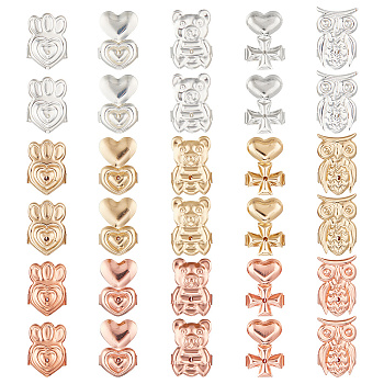15 Pairs 15 Style Brass Friction Ear Nuts, Earring Backs, Heart & Paw Print & Bear & Owl, Mixed Color, 13.5~15x9~10x4~5.5mm, Hole: 3~4.5mm, 1 Pair/style