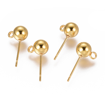 304 Stainless Steel Ear Stud Components, with Loop, Ball, Real 18k Gold Plated, 17x6mm, Hole: 1.8mm, Pin: 0.8mm
