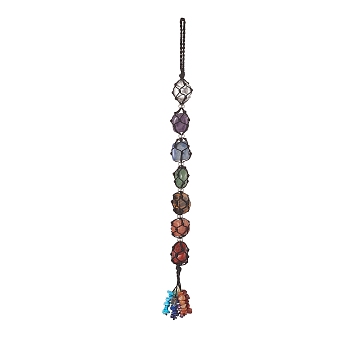 Chakra Gemstone Beads Pendant Decoration, Gemstone Chip Tassel Nylon Thread Hinging Ornament, 300x13~17x17~21mm