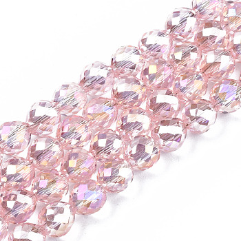 Transparent Glass Beads Strands, Faceted, AB Color Plated, Teardrop, Pink, 6x6mm, Hole: 1.2mm, about 77~80pcs/strand, 17.95 inch~19.29 inch((45.6~49cmcm)