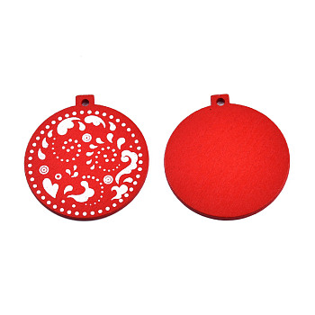 Christmas Spray Painted Wood Big Pendants, with Single-Sided Printed, Flat Round Charm with Floral Pattern, Red, 59x55x2.5mm, Hole: 3mm