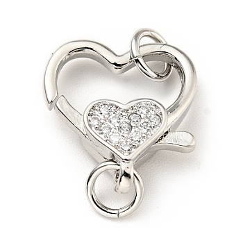 Brass Micro Pave Clear Cubic Zirconia Heart Lobster Claw Clasps, with Double Jump Rings, Cadmium Free & Lead Free, Platinum, 21mm, Hole: 3.5mm