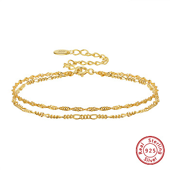 925 Sterling Silver Rope & Figaro Chains Double-Layer Multi-strand Bracelet, with S925 Stamp, Real 14K Gold Plated, 6-5/8 inch(16.7cm)
