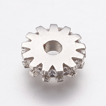 Brass Micro Pave Cubic Zirconia Bead Spacers, Flat Round/Gear, Clear, Platinum, 8x2mm, Hole: 2mm