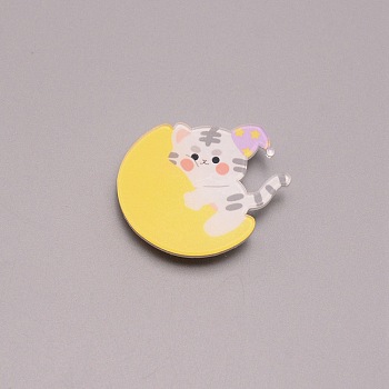 Tiger with Moon Chinese Zodiac Brooch Pin, Cute Animal Acrylic Lapel Pin for Backpack Clothes, White, Yellow, 30x36x7mm