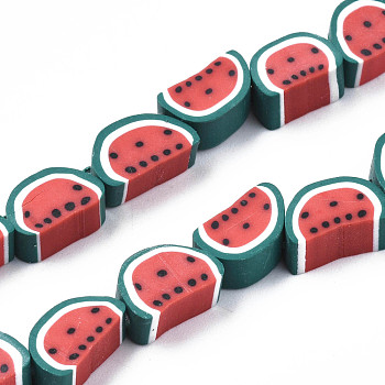 Handmade Polymer Clay Bead Strands, Watermelon Slice, Red, 9~10.5x5~6.5x4~5mm, Hole: 1.5mm, about 38pcs/strand, 13.39 inch(34cm)