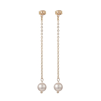 Shell Pearl Beads Dangle Stud Earrings, Golden Brass Chain Tassel Earrings for Women, Beige, 72mm, Pin: 0.7mm