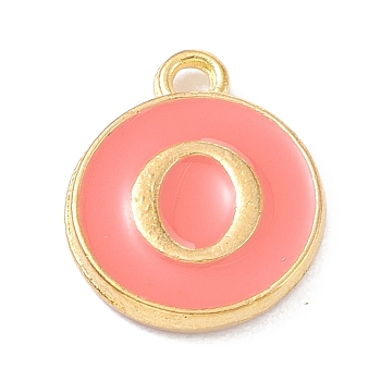 Golden Plated Alloy Enamel Charms, Enamelled Sequins, Flat Round with Alphabet, Letter.O, Hot Pink, 14x12x2mm, Hole: 1.5mm
